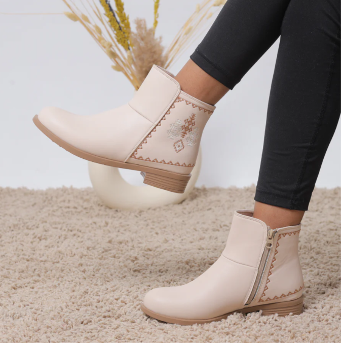 "Beige Back Embroidered Zipper Ankle Boots  "